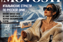 Зимний пейзаж с лыжниками в Сочи на фоне итальянского флага