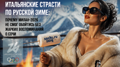 Зимний пейзаж с лыжниками в Сочи на фоне итальянского флага