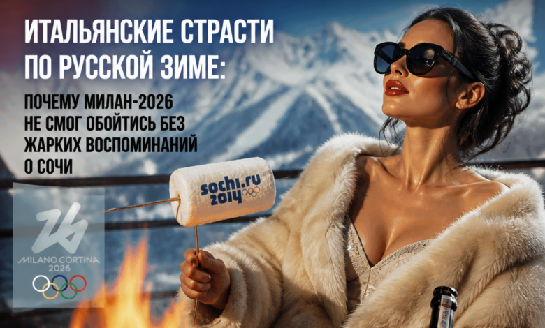 Зимний пейзаж с лыжниками в Сочи на фоне итальянского флага