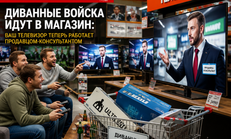 Телевизор, работающий продавцом-консультантом, с диванными войсками