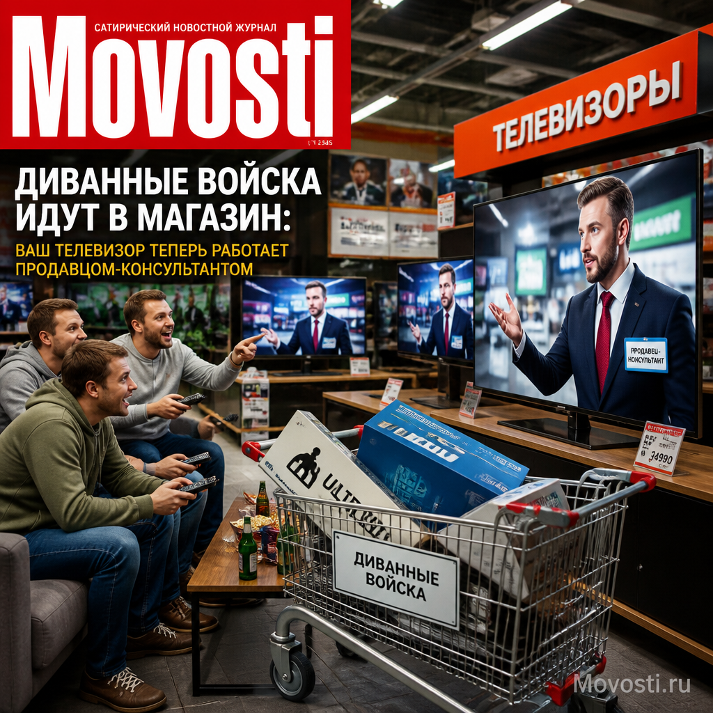 Телевизор, работающий продавцом-консультантом, с диванными войсками