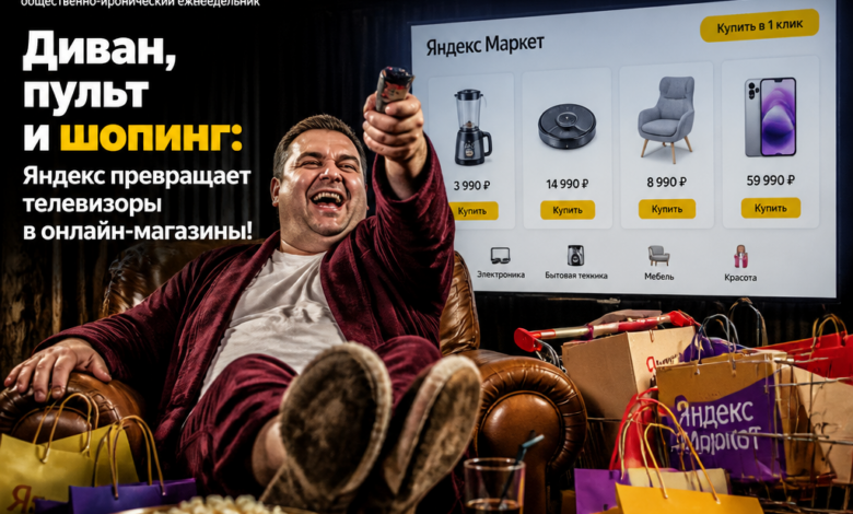 Телевизор с интерфейсом Яндекс и предметами интерьера, символизирующими онлайн-шопинг.