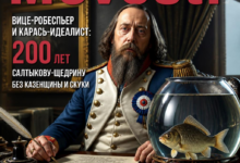 Иллюстрация к 200-летию Салтыкова-Щедрина, изображающая Вице-Робеспьера и карася-идеалиста.
