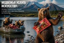 Знаменитые мишки с конфетного фантика на фоне живописного пейзажа Камчатки