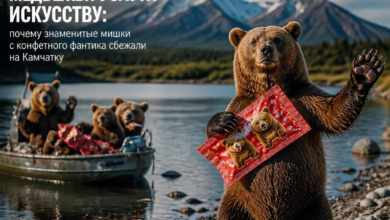 Знаменитые мишки с конфетного фантика на фоне живописного пейзажа Камчатки