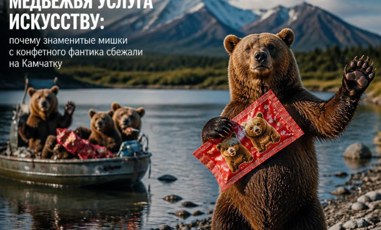 Знаменитые мишки с конфетного фантика на фоне живописного пейзажа Камчатки