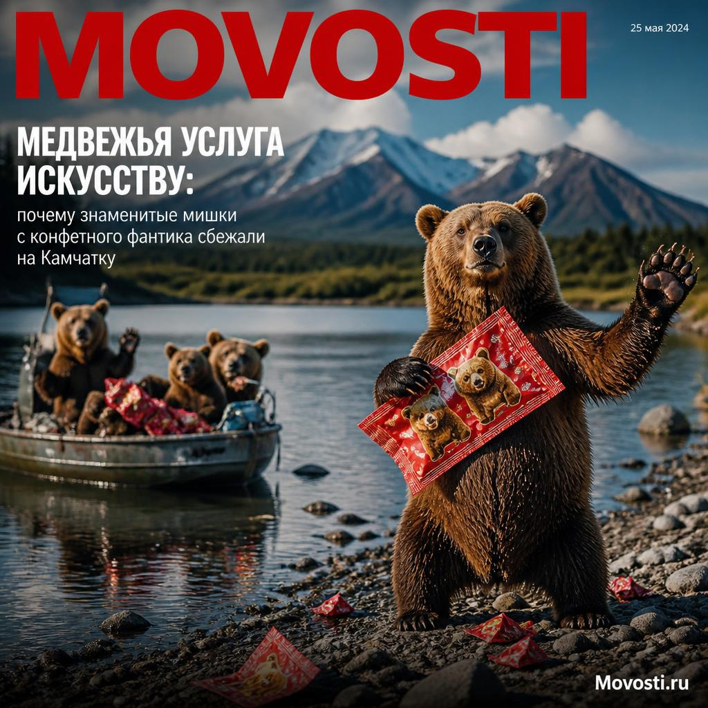 Знаменитые мишки с конфетного фантика на фоне живописного пейзажа Камчатки