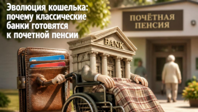 Иллюстрация, показывающая эволюцию кошелька и банковских услуг.