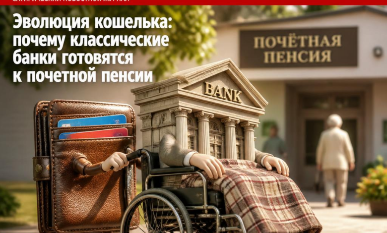 Иллюстрация, показывающая эволюцию кошелька и банковских услуг.