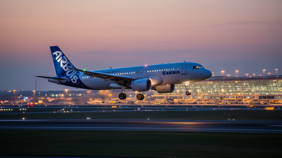Пассажирский лайнер Airbus взлетает в сумерках на фоне аэропорта