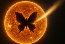 Иллюстрация, демонстрирующая искусственный интеллект, анализирующий данные о солнечной активности для прогноза космической погоды.