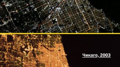 Космический вид на ночные мегаполисы Земли с изменениями в освещении