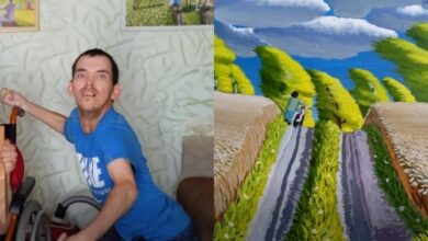 Артист создает пейзажи с кистью, используя ноги, в крошечном ауле