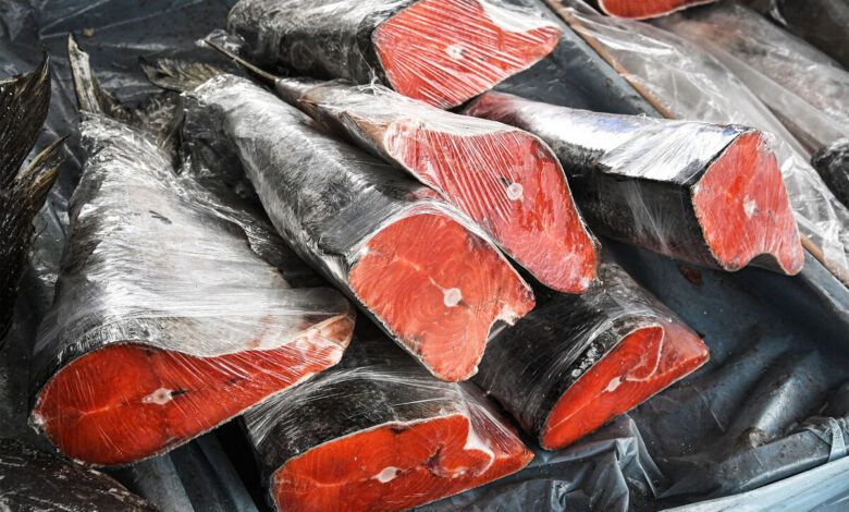 Изображение завода морепродуктов на Сахалине с лососем на переднем плане