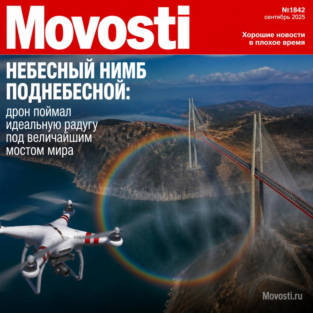 Дрон запечатлел радугу под мостом с небесным фоном.