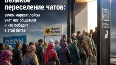 Иллюстрация, изображающая взаимодействие пользователей через чаты на маркетплейсах.