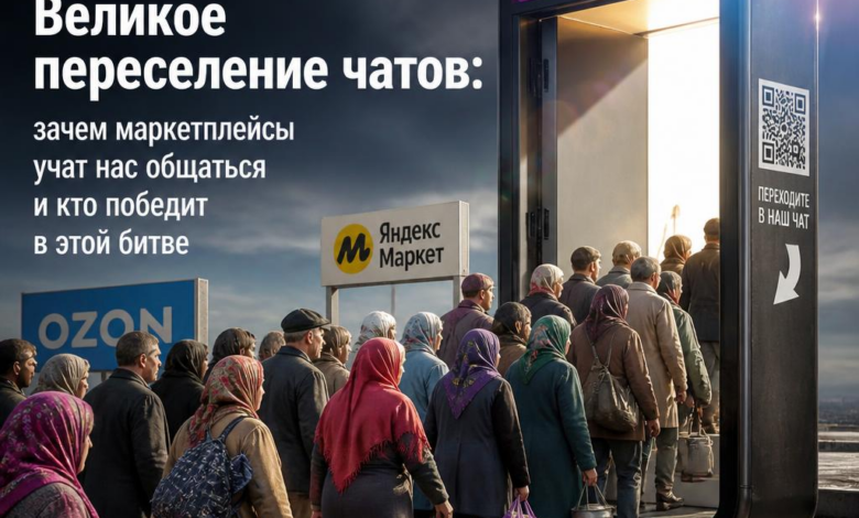 Иллюстрация, изображающая взаимодействие пользователей через чаты на маркетплейсах.