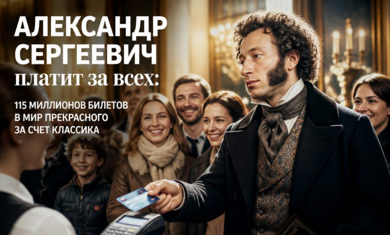 Изображение, иллюстрирующее щедрость Александра Сергеевича, который оплачивает 115 миллионов билетов в мир искусства.
