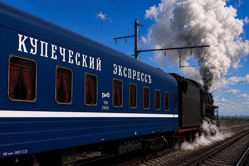 Восстановленная паровая машина времени на рельсах, окруженная антикварными предметами и романтической атмосферой