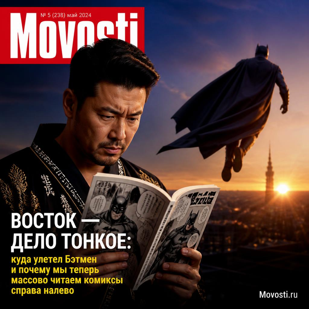 Иллюстрация о влиянии восточной культуры на комиксы, изображающая Бэтмена в восточном стиле.