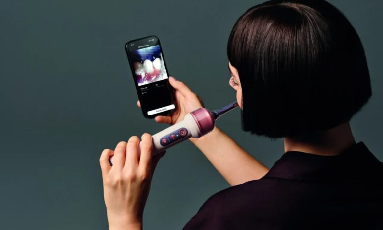 A futuristic representation of a neural network integrated into dental care, showcasing Dyson's innovative technology.