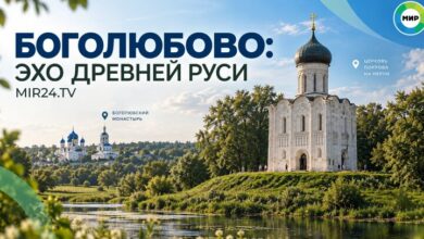 Вид на архитектурные сооружения Боголюбово на фоне лугов
