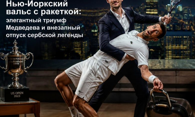 Медведев празднует победу в Нью-Йорке, рядом с ракеткой и трофеем.