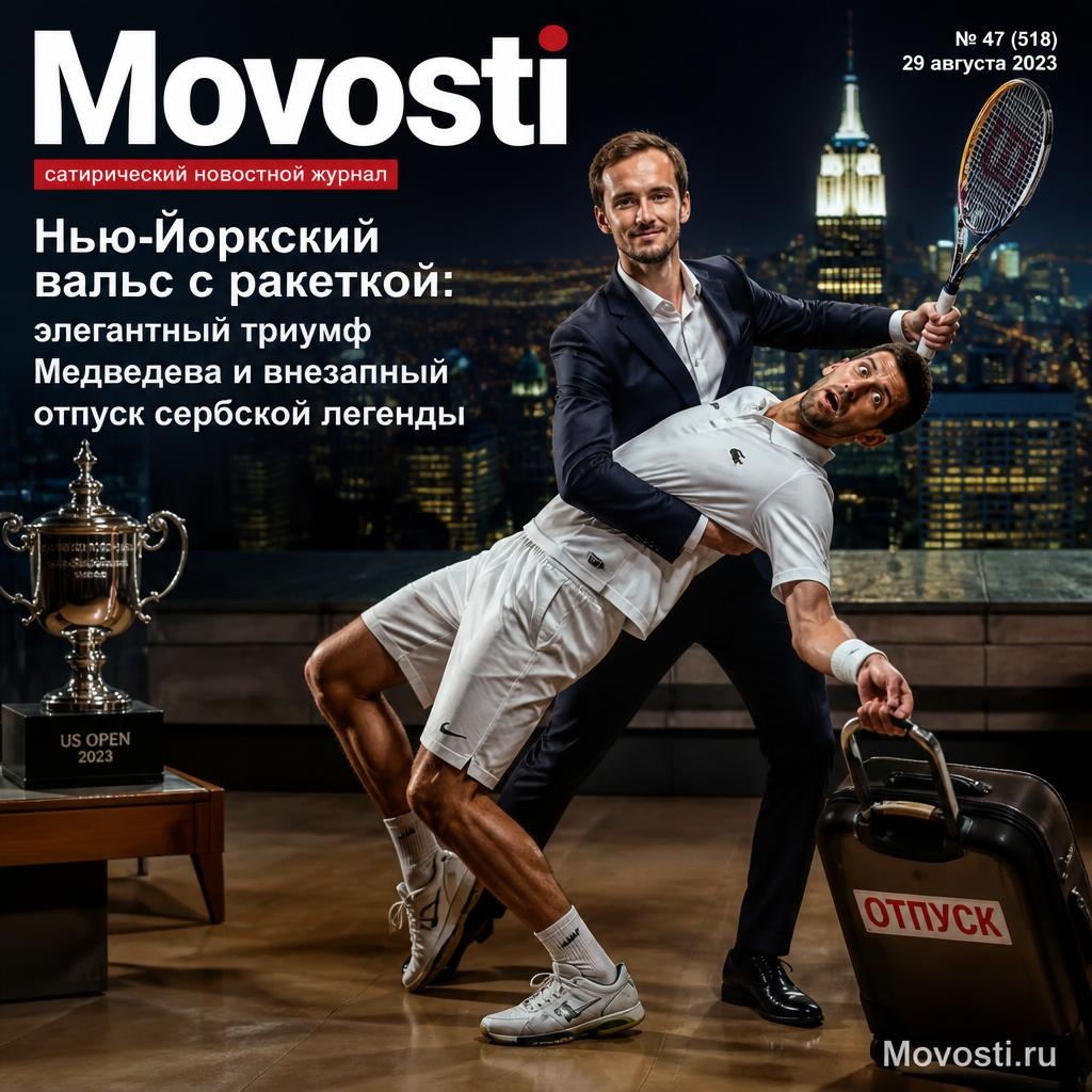 Медведев празднует победу в Нью-Йорке, рядом с ракеткой и трофеем.