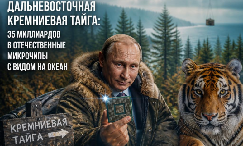 Скала в Дальневосточной кремниевой тайге с видом на океан, символизирующая инвестиции в микрочипы.