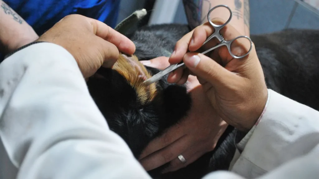 Otite nel cane controllata durante un esame veterinario dell'orecchio