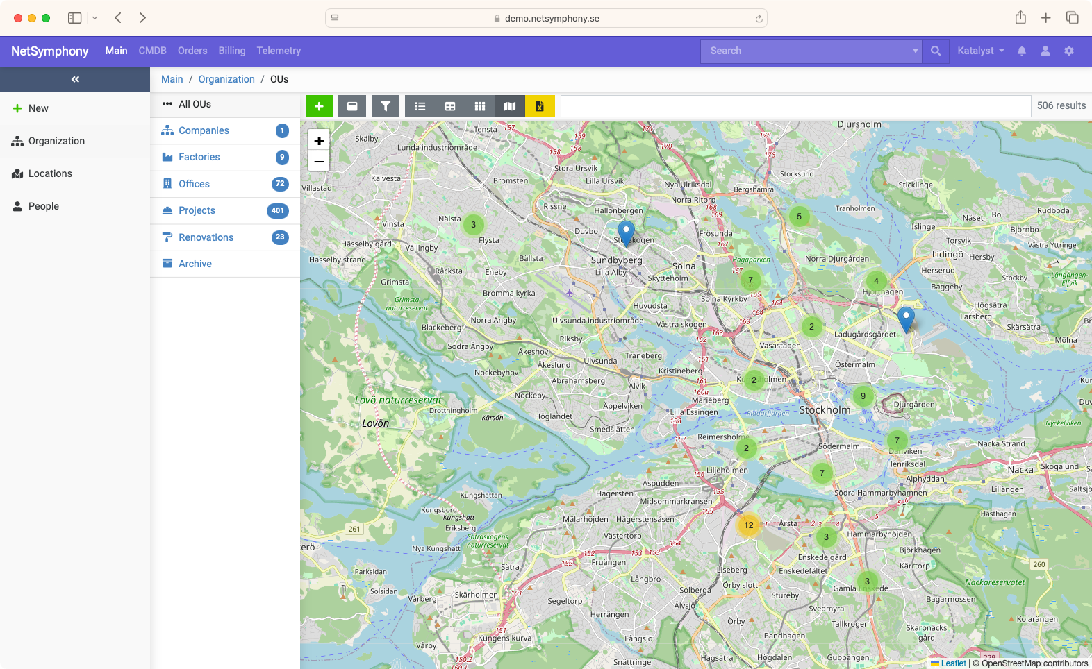 A screenshot with a map being displayed in NetSymphony, with markers and marker clusters