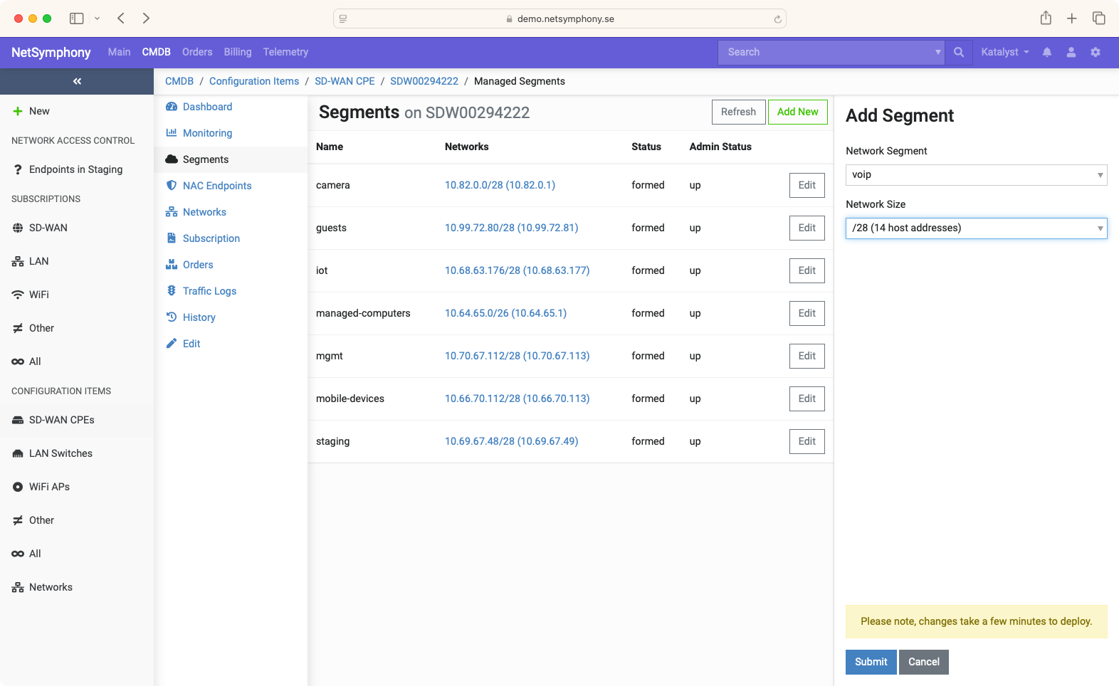 Form showing Network Segment creation