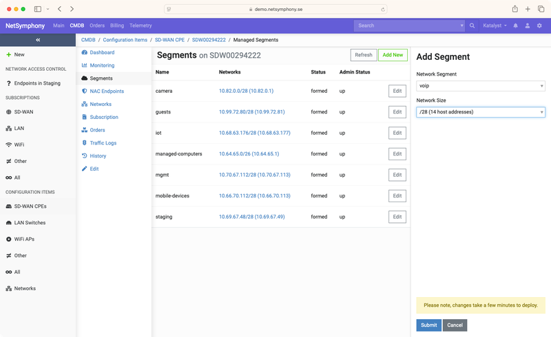 Screenshot of a network segment being added in NetSymphony