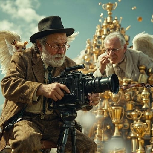 Старый фотограф в шляпе с камерой, окруженный ангелами и мужчинами на фоне золотых статуэток.