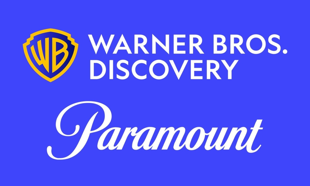 Warner Bros. logo next to Paramount Pictures logo, with a pile of money in the background.