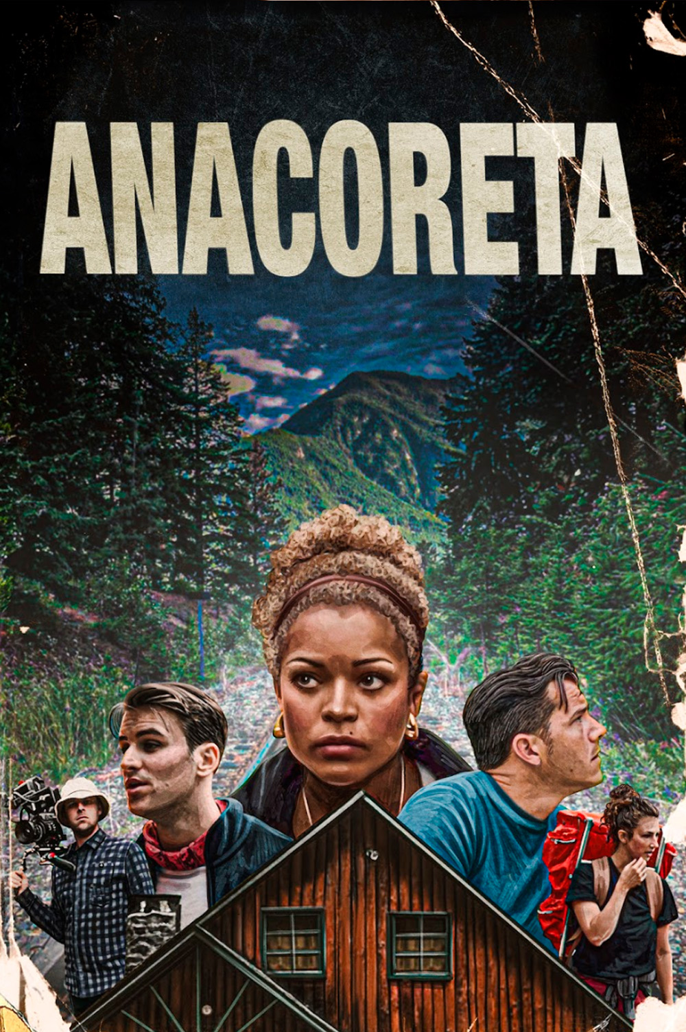 Постер мета-хоррора Anacoreta, где режиссер изображен как устрашающая сущность, ломающая четвертую стену.
