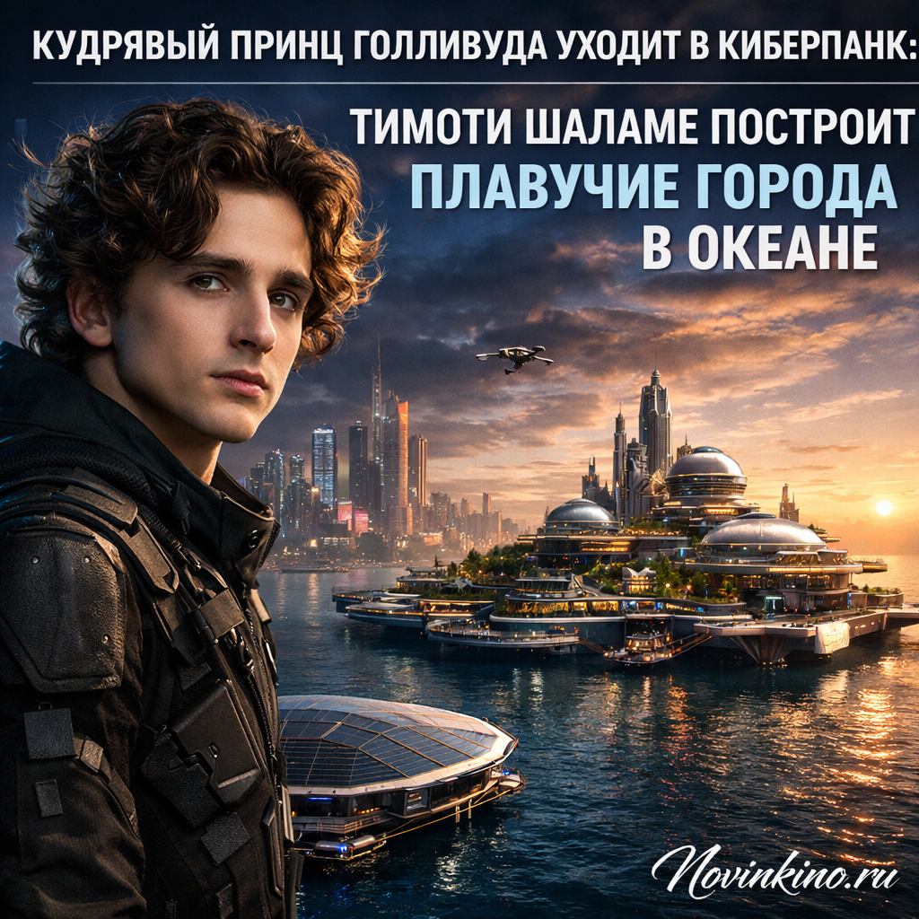 Тимоти Шаламе в футуристическом образе, на фоне киберпанк-пейзажа с плавучими городами в океане