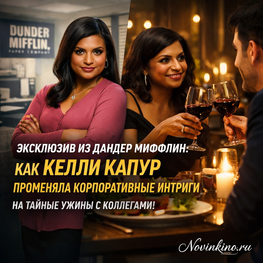 Келли Капур из сериала 'Офис' (The Office) в неформальной обстановке, возможно, на вечеринке или ужине с коллегами.