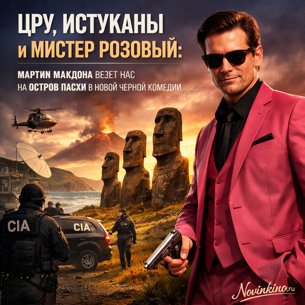Изображение, связанное с новой черной комедией Мартина Макдоны, действие которой разворачивается на Острове Пасхи.
