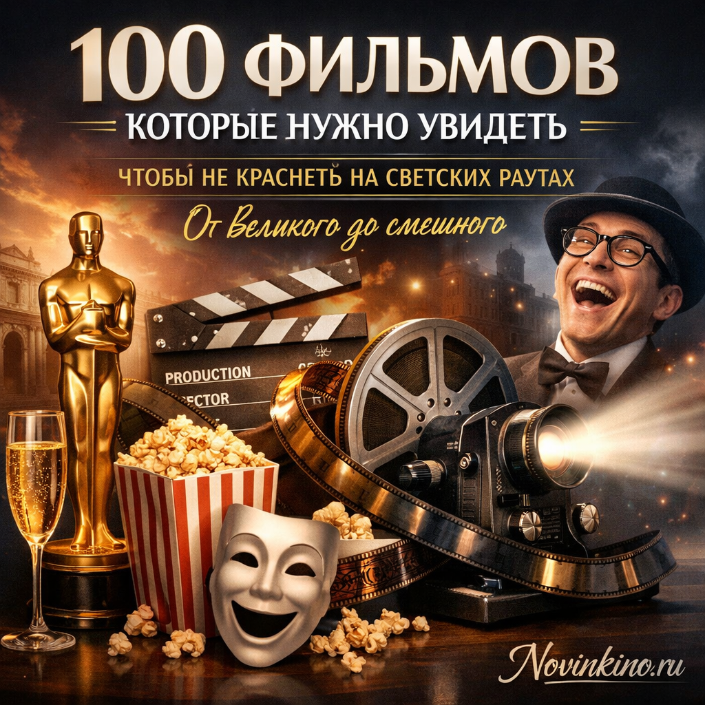 Обложка книги или списка '100 фильмов, которые нужно увидеть, чтобы не краснеть на светских раутах'
