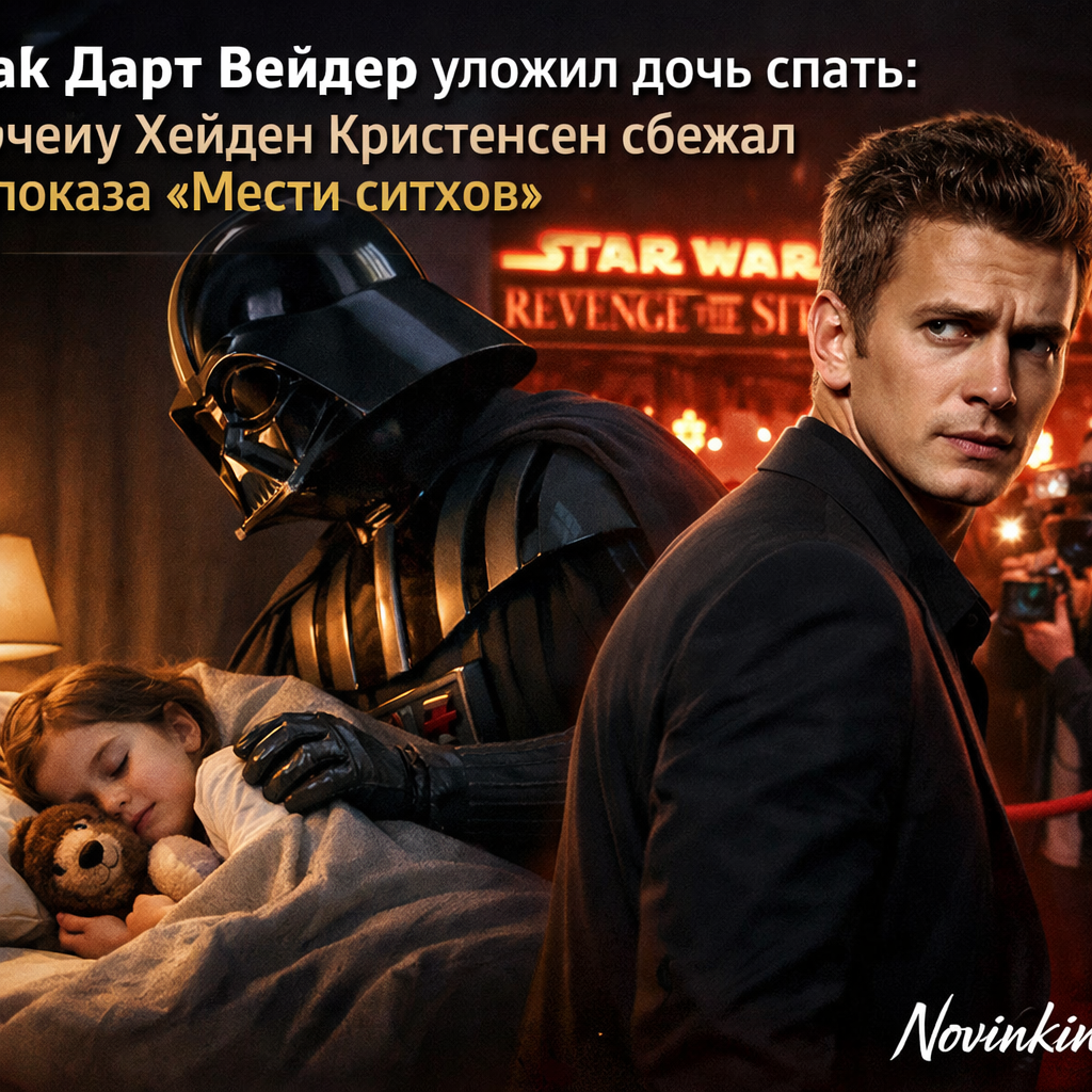 Иллюстрация Дарта Вейдера, укладывающего маленькую девочку (символизирующую его дочь) спать, на фоне кадра из фильма «Звёздные войны: Месть ситхов»
