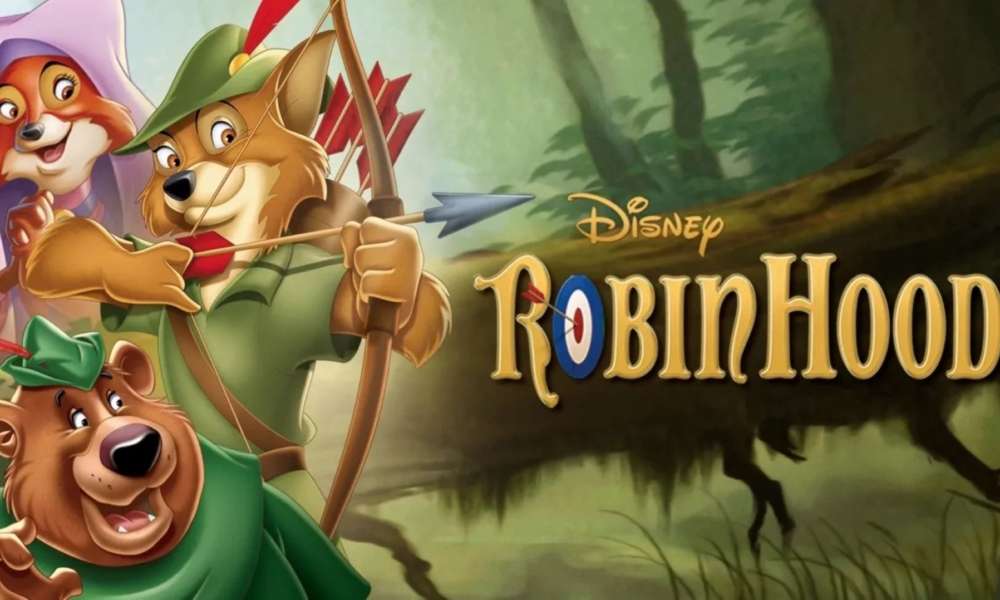 Иллюстрация или кадр из мультфильма «Робин Гуд» с изображением Робина Гуда и других персонажей на фоне Шервудского леса.