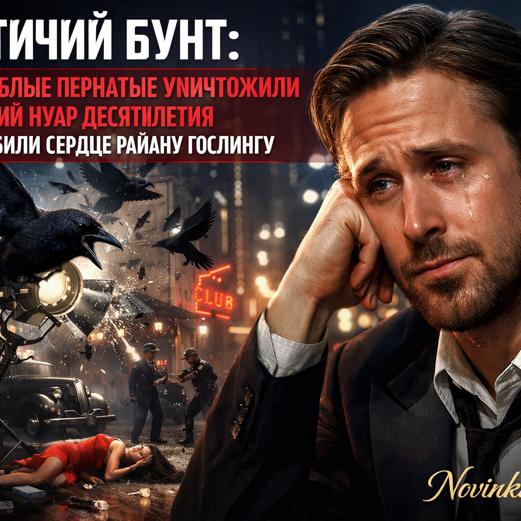 Райан Гослинг в образе циничного детектива, окруженный злыми птицами, символизирующими хаос и разрушение