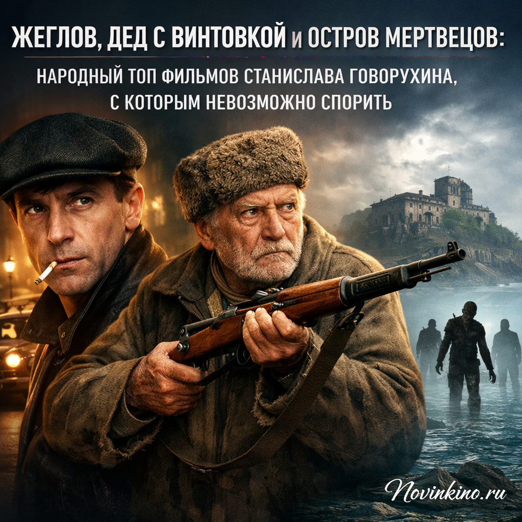Коллаж из кадров фильмов Станислава Говорухина: Жеглов из 'Места встречи изменить нельзя', дед с винтовкой из 'Ворошиловского стрелка', кадр из фильма 'Остров мертвых'