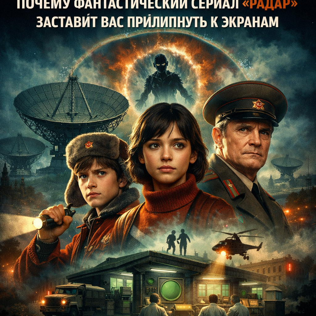 Постер советского фантастического сериала "Радар" с группой детей и таинственным объектом на заднем плане.