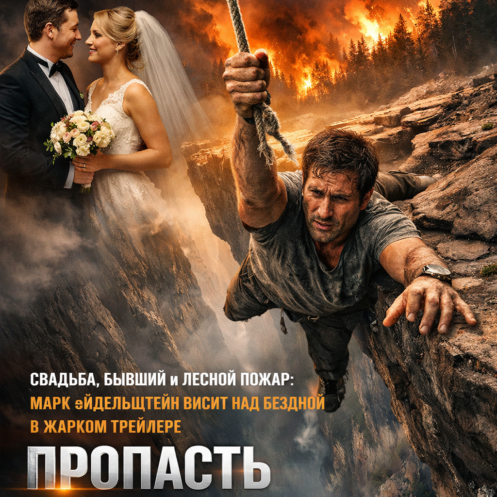 Кадр из фильма «Пропасть» с Марком Эйдельштейном, висящим над пропастью.