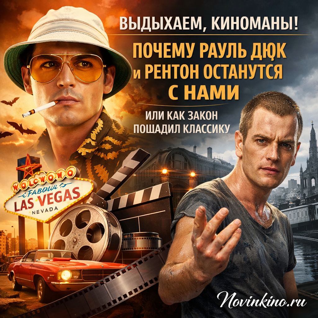 Коллаж из кадров с персонажами Раулем Дюком из "Страха и ненависти в Лас-Вегасе" и Рентоном из "На игле"