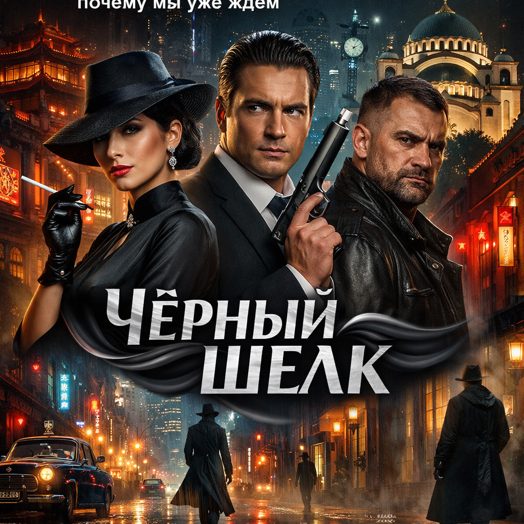Постер фильма «Чёрный шёлк» с элементами нуара, изображением Шанхая и силуэтами шпионов.
