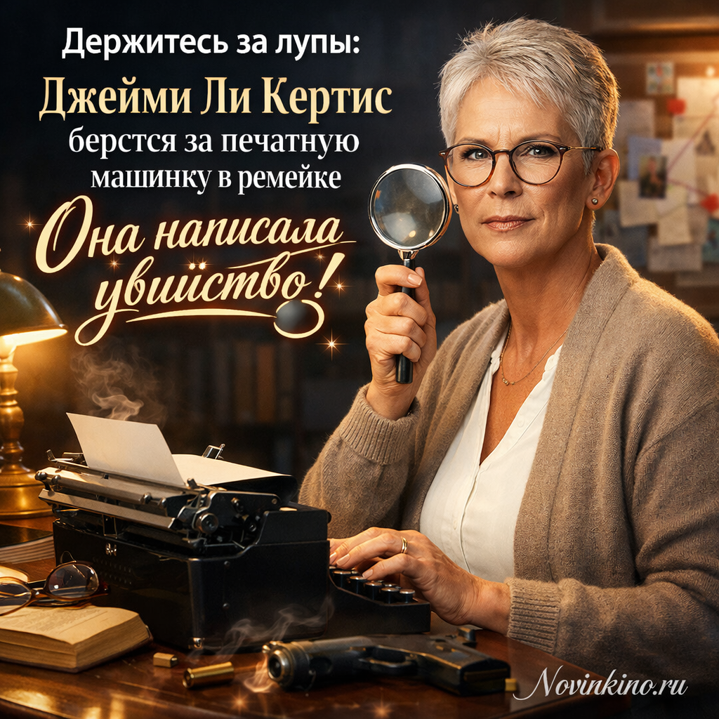 Джейми Ли Кертис сидит за печатной машинкой, готовясь к роли в ремейке «Она написала убийство».