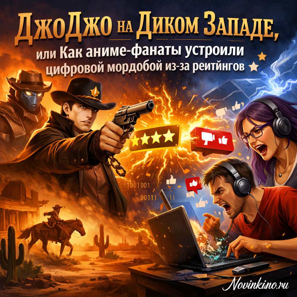 Иллюстрация в стиле ДжоДжо с персонажами, напоминающими ковбоев, в разгаре спора, символизирующего онлайн-баталии фанатов аниме.